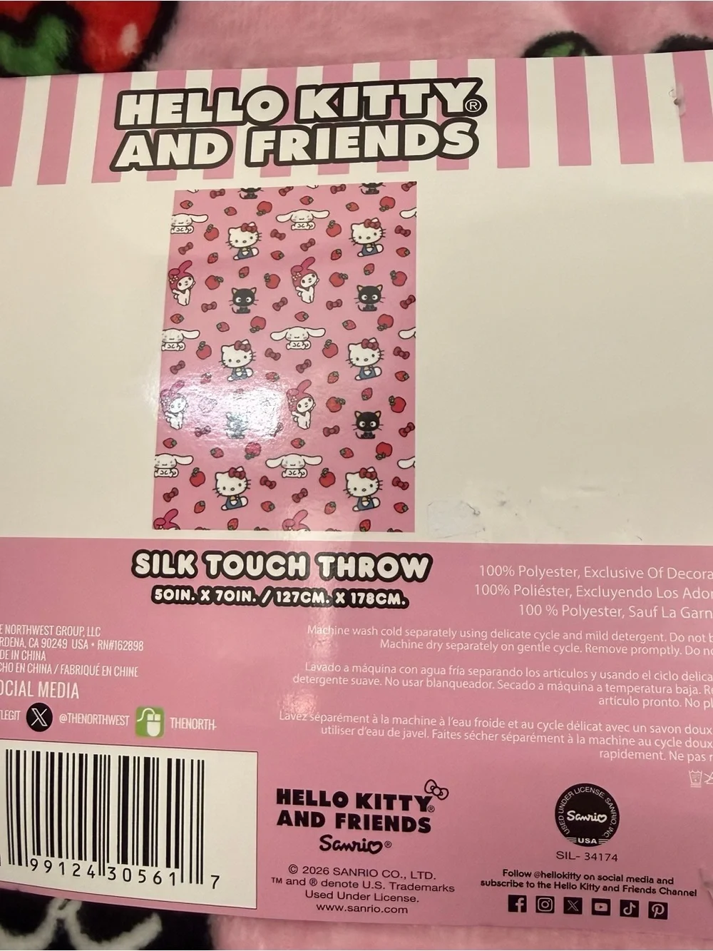 Hello Kitty Pink Plush Throw Blanket with Red Fruit & Bow Accents